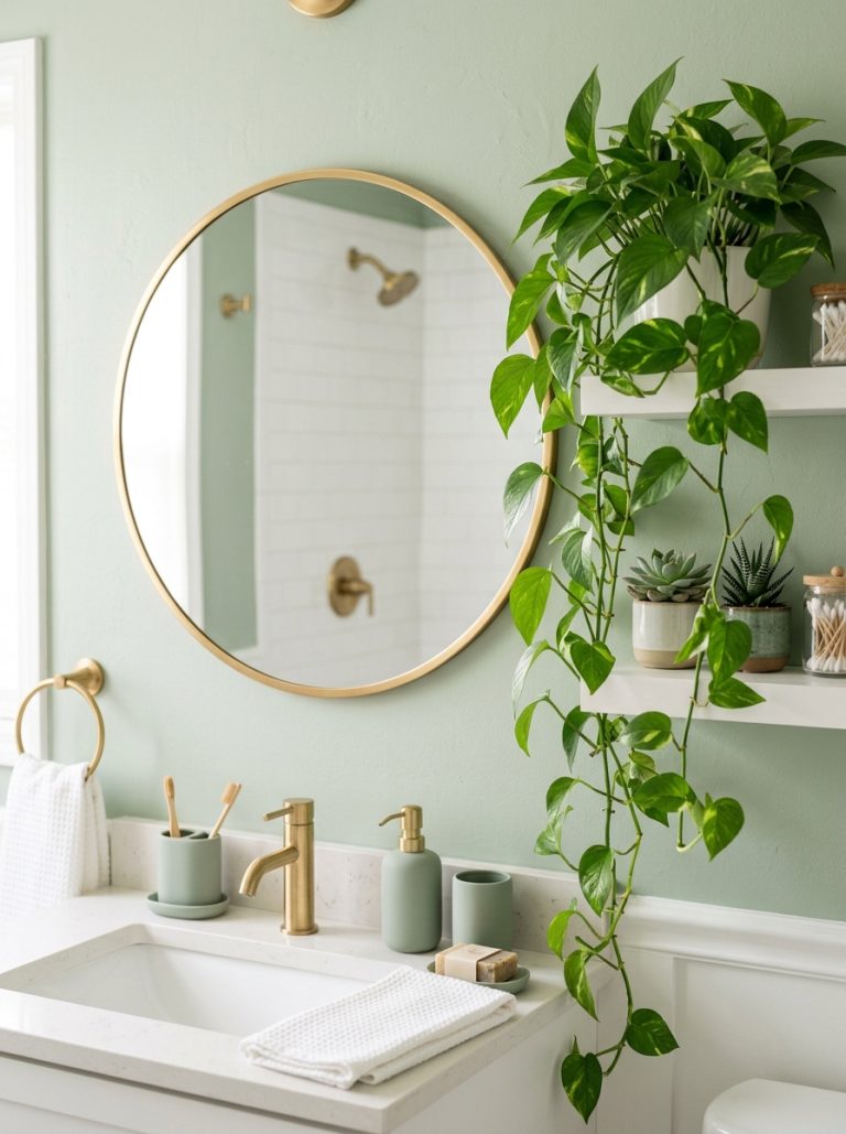 Green bathroom aesthetic with sage walls brass mirror sage accessories set lush plant decor trailing pothos and succulents
