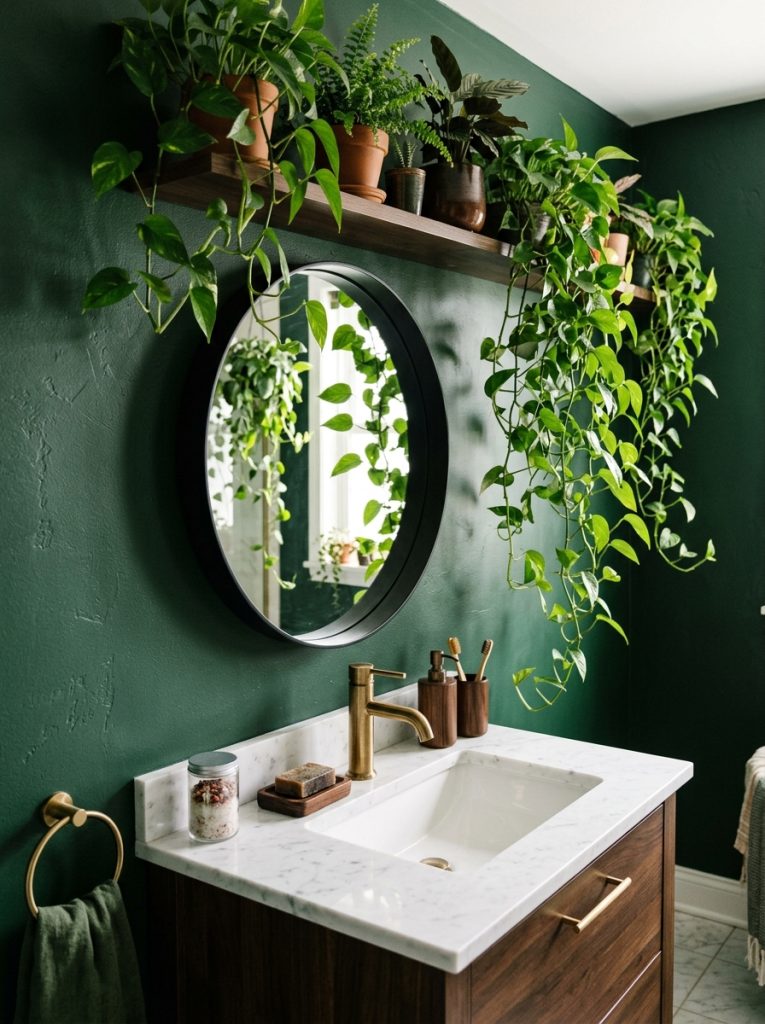 Green dark bathroom aesthetic with hunter green walls black mirror white sink lush plant decor dark wood accessories and brass faucet