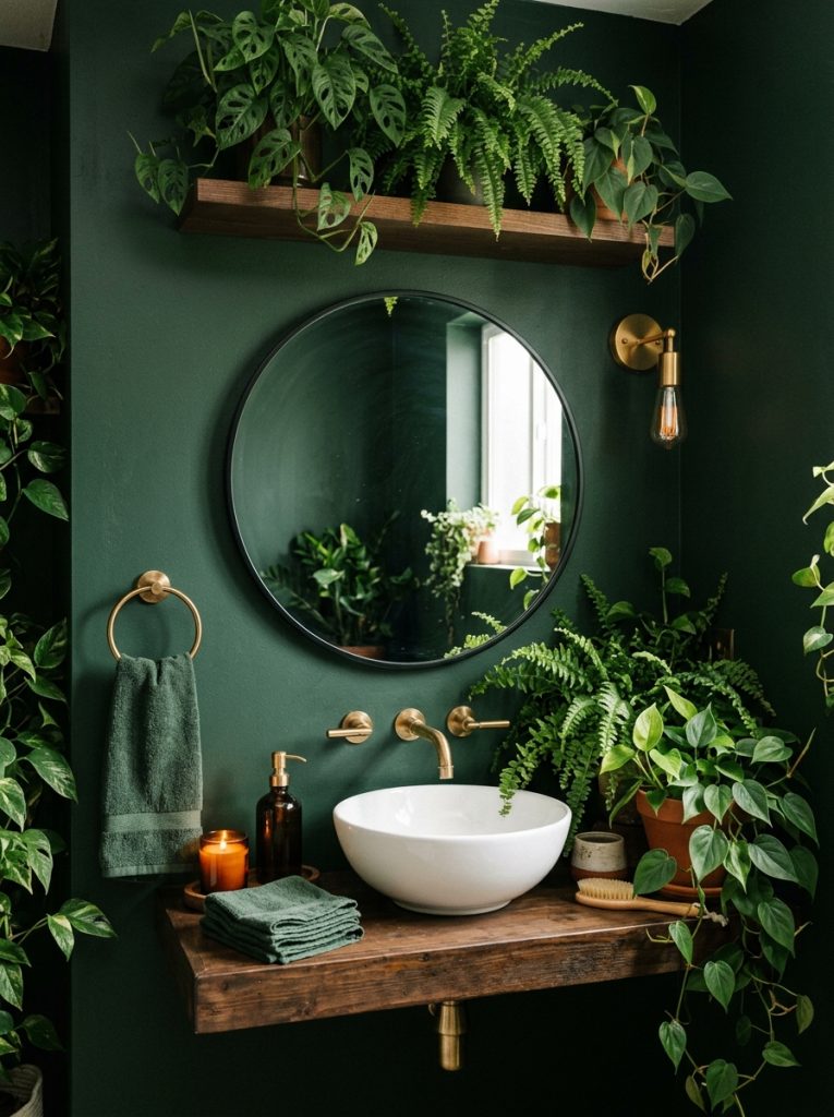 Dark green bathroom aesthetic with hunter green walls black mirror white sink lush plant decor dark wood accessories and brass faucet