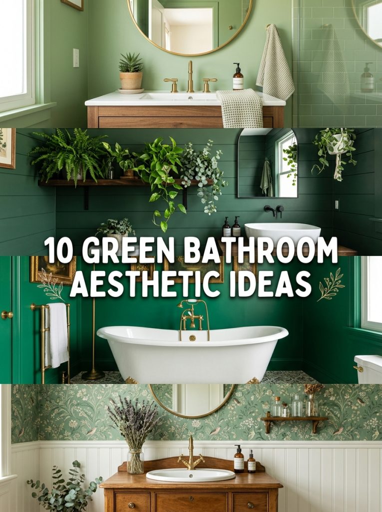 Collage of four green bathroom aesthetic ideas with text overlay showing ten green bathroom aesthetic ideas