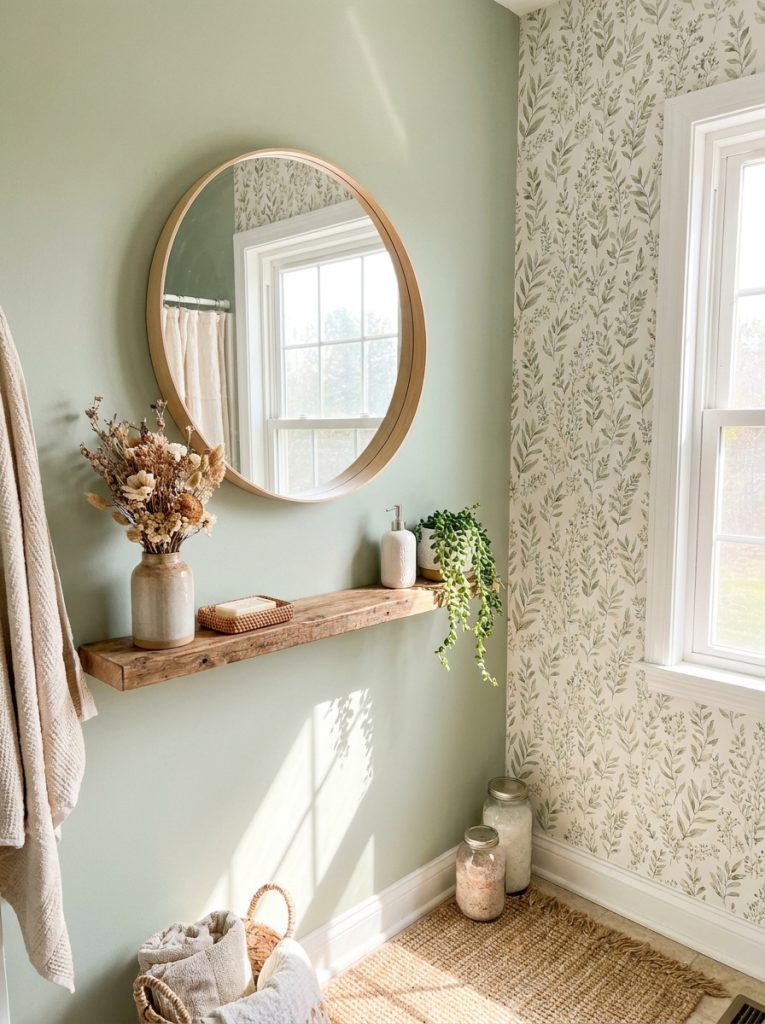 Cottagecore green bathroom aesthetic with sage walls botanical wallpaper wood mirror dried flowers narrow shelf boho accessories and trailing plant
