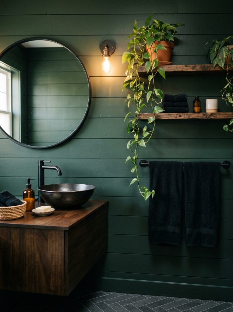 Dark green moody bathroom with hunter green walls black fixtures and trailing plants