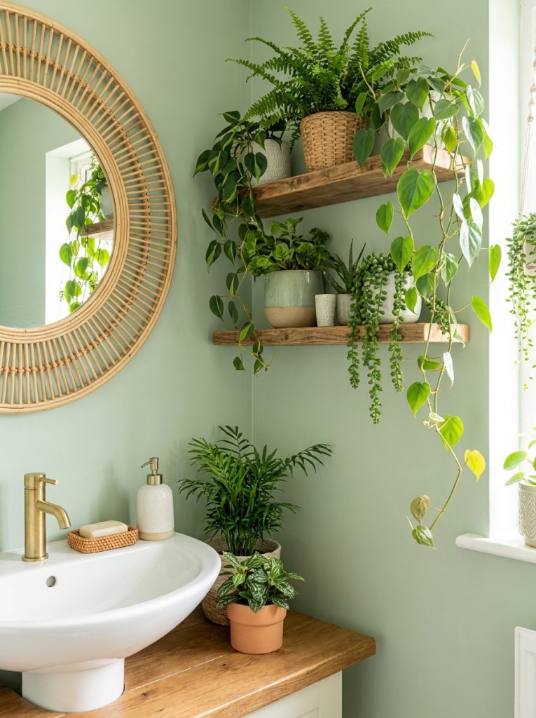 Green boho half bathroom with sage walls rattan mirror lush plant decor set brass faucet and woven soap dish