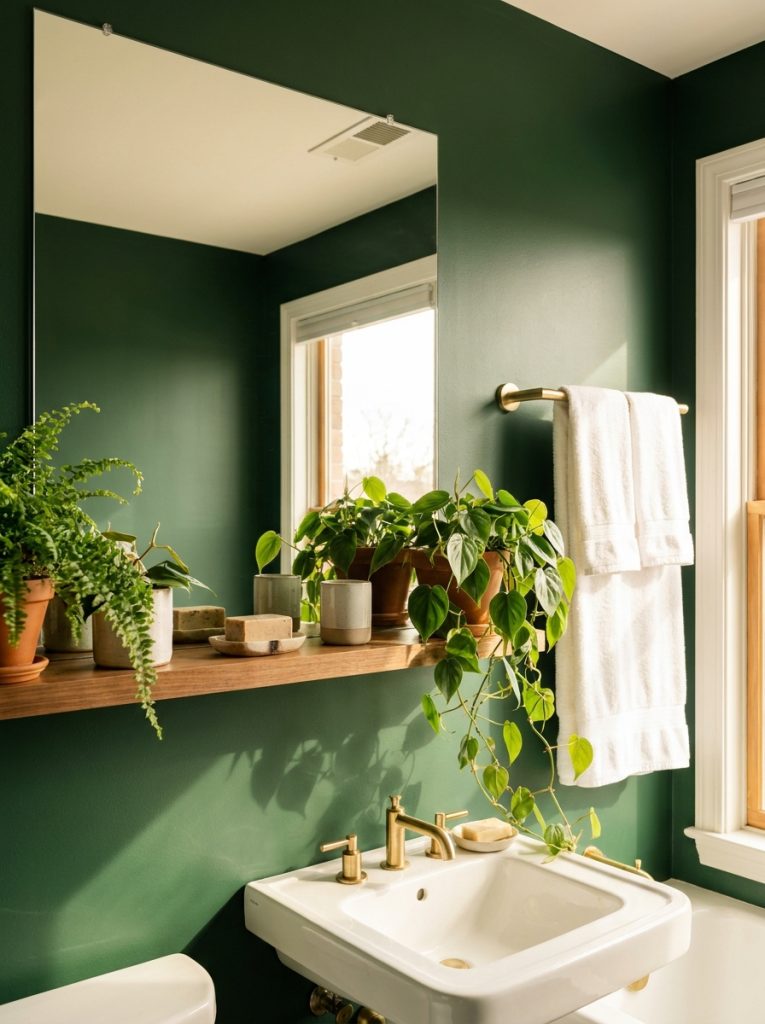  Green hotel bathroom with forest green walls frameless mirror white sink lush plant decor set white towels and gold towel rail