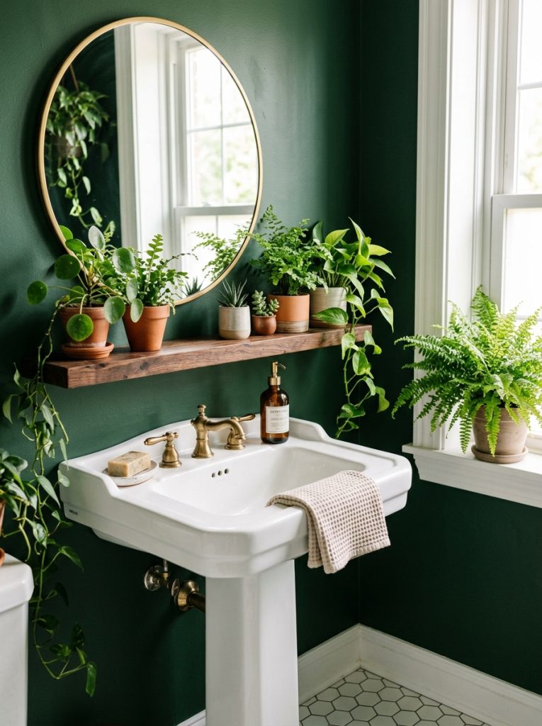 Green moody bathroom with forest green walls brass fixtures and plants