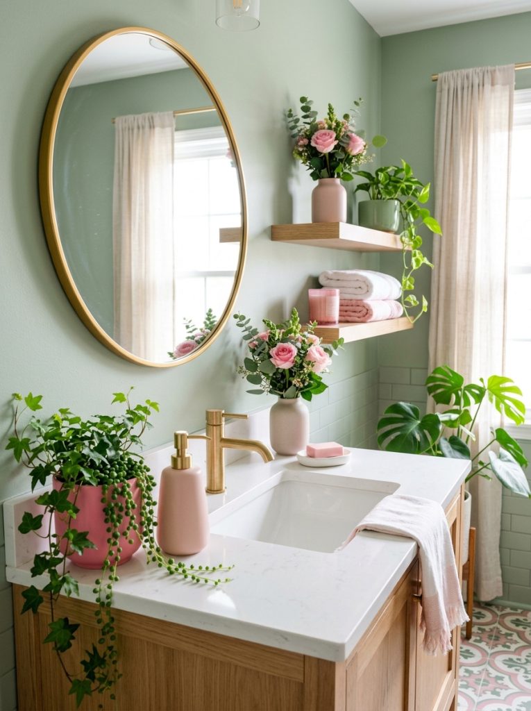 Green and pink bathroom aesthetic with sage walls gold mirror pink green plant accessories pink ceramic pots trailing plants and pink soap dispenser