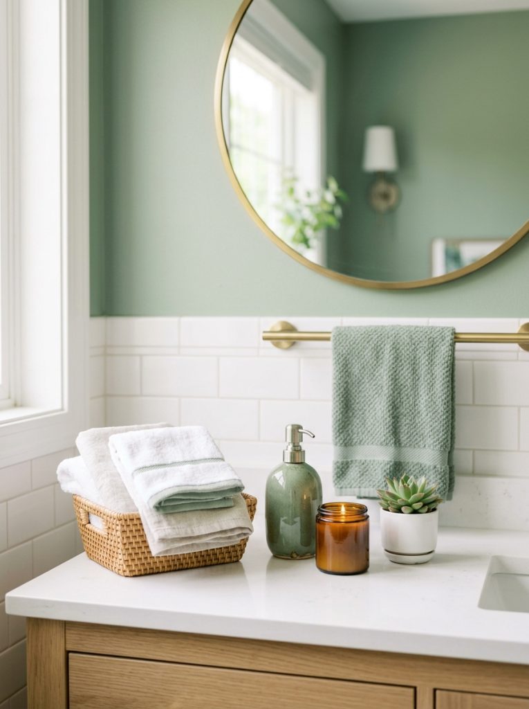 Guest bathroom decor with folded towels soap dispenser and succulent