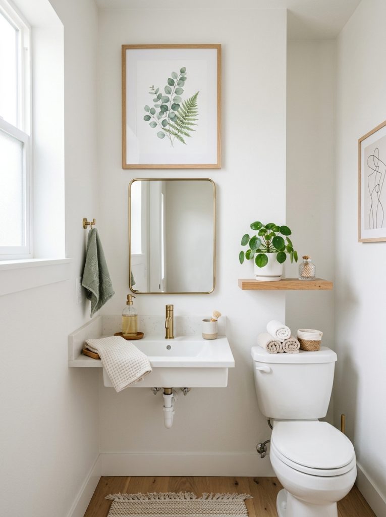 Guest half bathroom with white walls botanical print soap dispenser and small plant