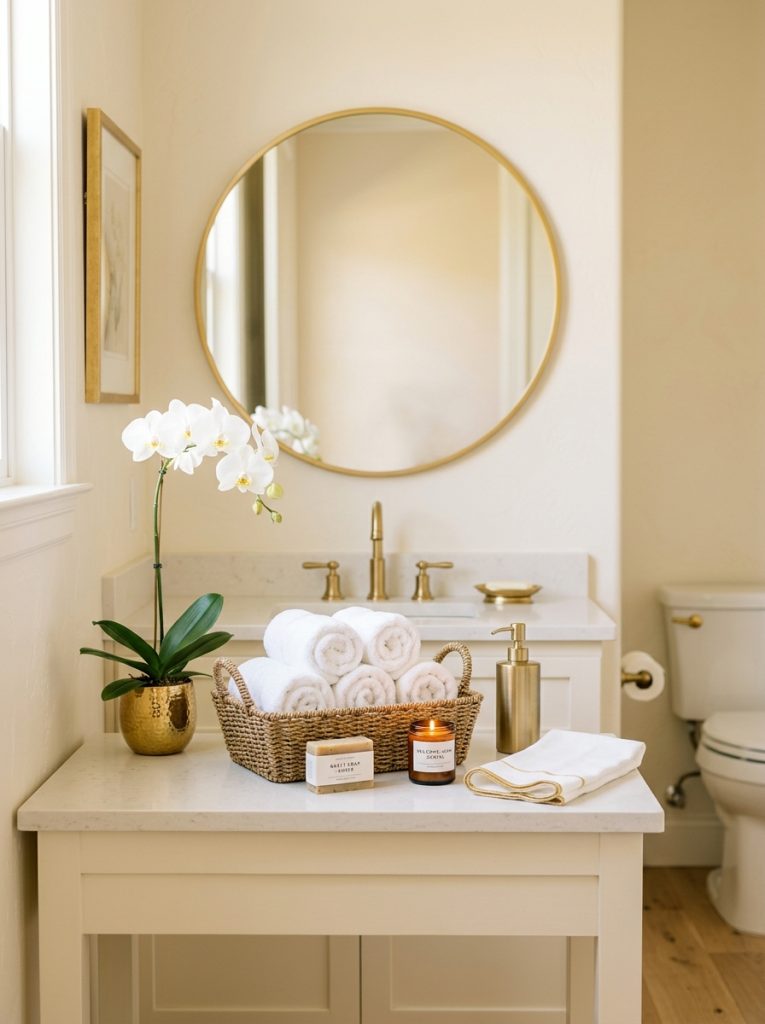  Luxe guest half bathroom with cream walls gold mirror welcome basket orchid and gold soap dispenser
