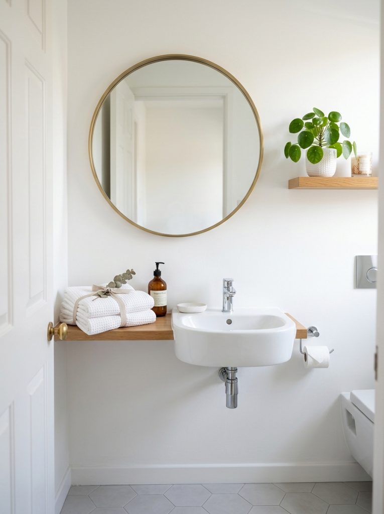 Simple guest half bathroom with white walls round mirror chrome faucet decorative folded towels and green plant