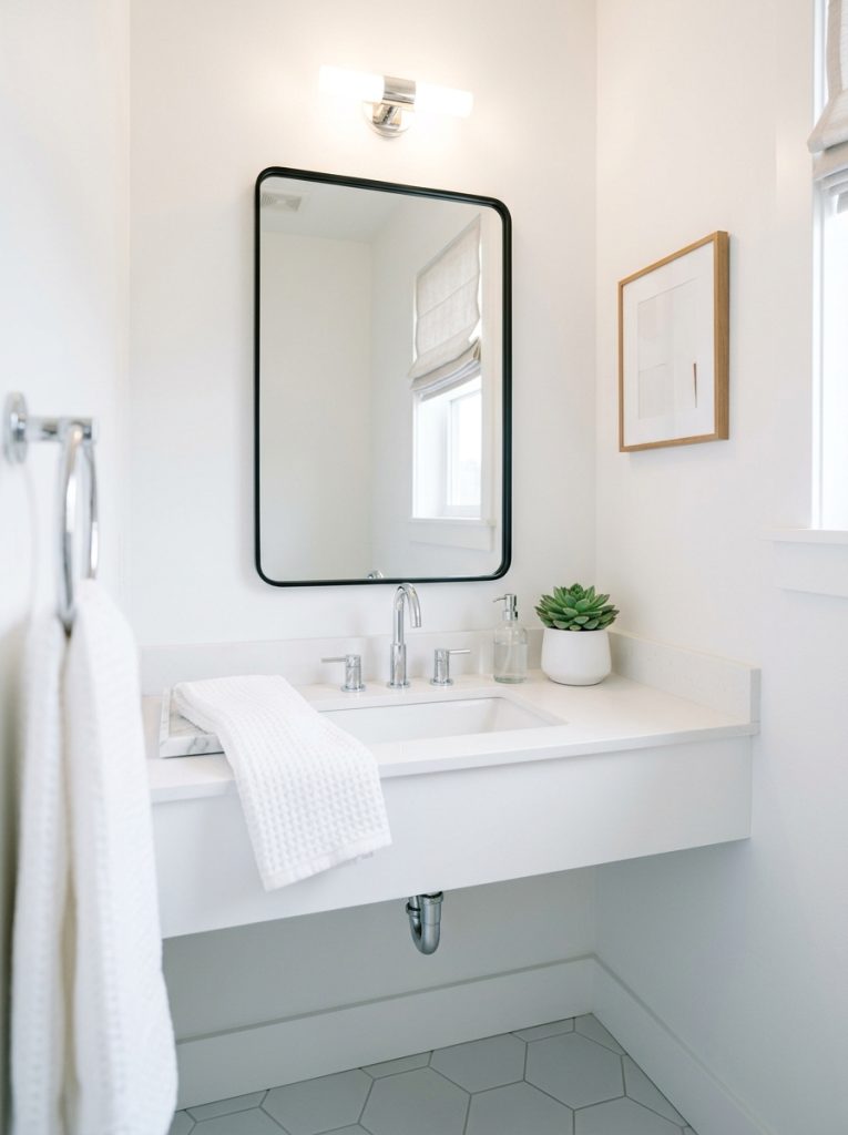 Modern guest half bathroom with white walls black mirror chrome faucet folded towel and succulent