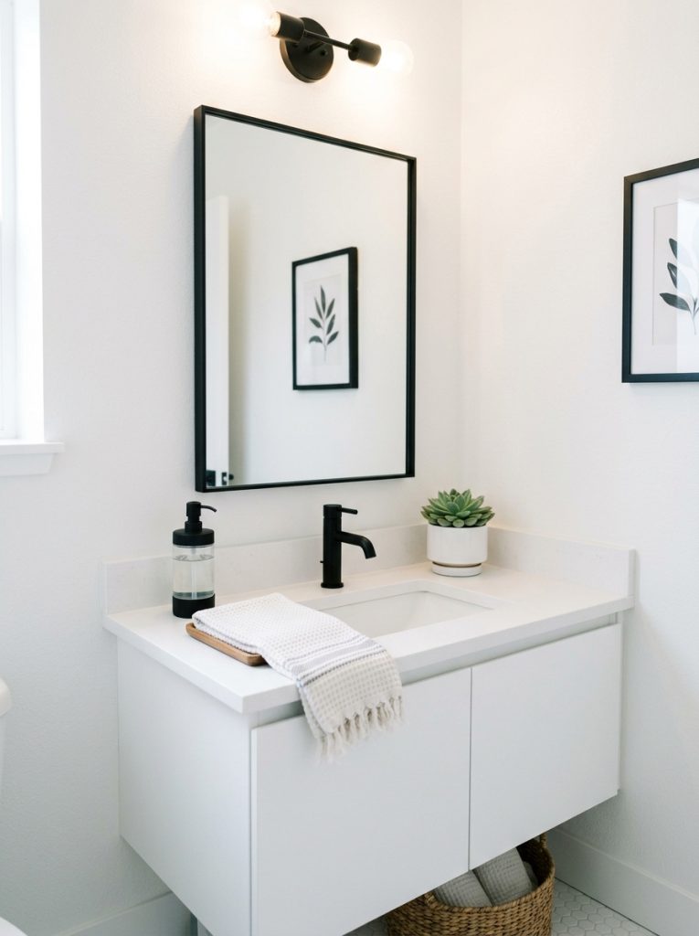  Modern guest half bathroom with white walls black mirror matte soap dispenser folded towel and succulent