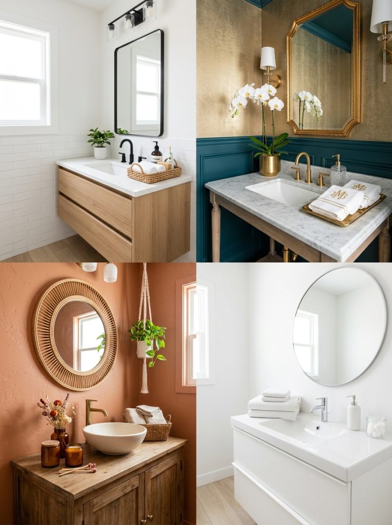 Collage of four beautiful guest half bathroom decor ideas for every style