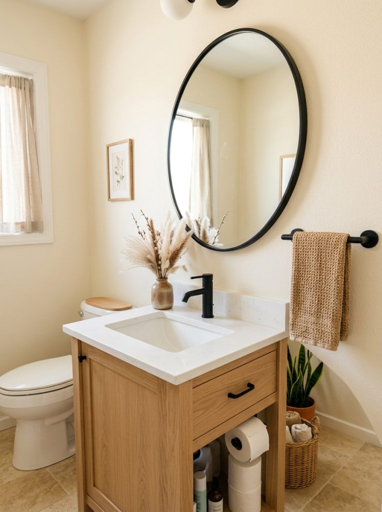 Modern organic half bathroom with black mirror cream walls pampas grass and jute towel