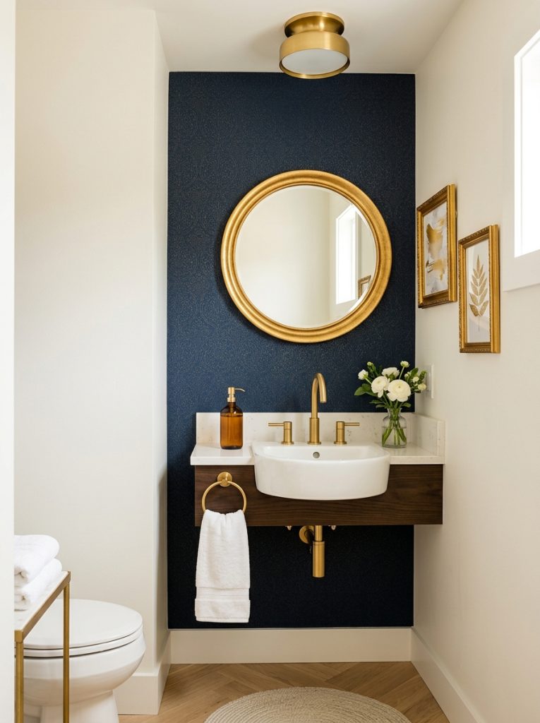 Small luxe half bathroom with navy wallpaper gold faucet gold mirror framed wall art and gold soap dispenser