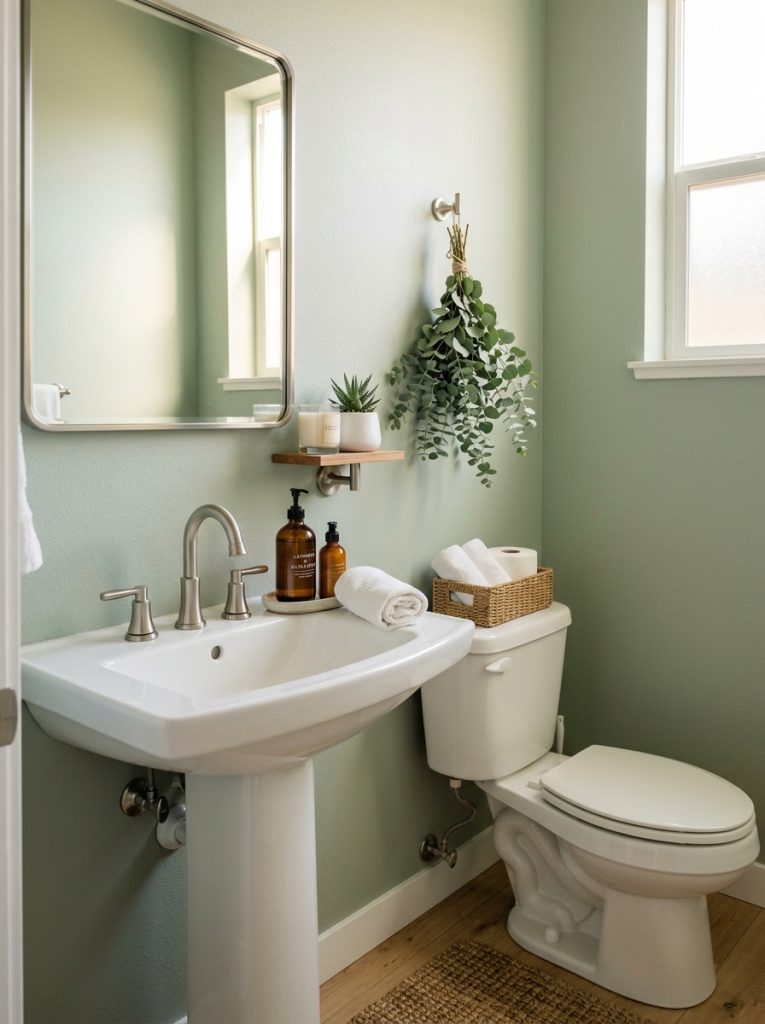 Spa inspired half bathroom with sage walls luxury soap dispenser eucalyptus and soft lighting
