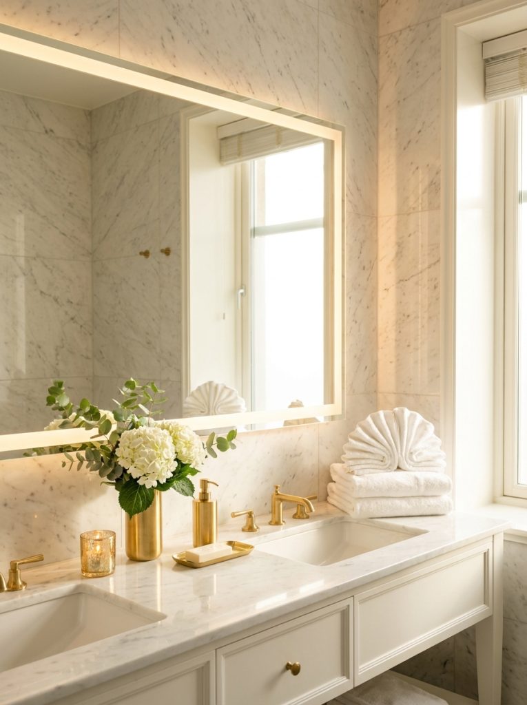 Fancy hotel bathroom with marble walls illuminated mirror double sink gold accessories set fan folded white towels and candle holder