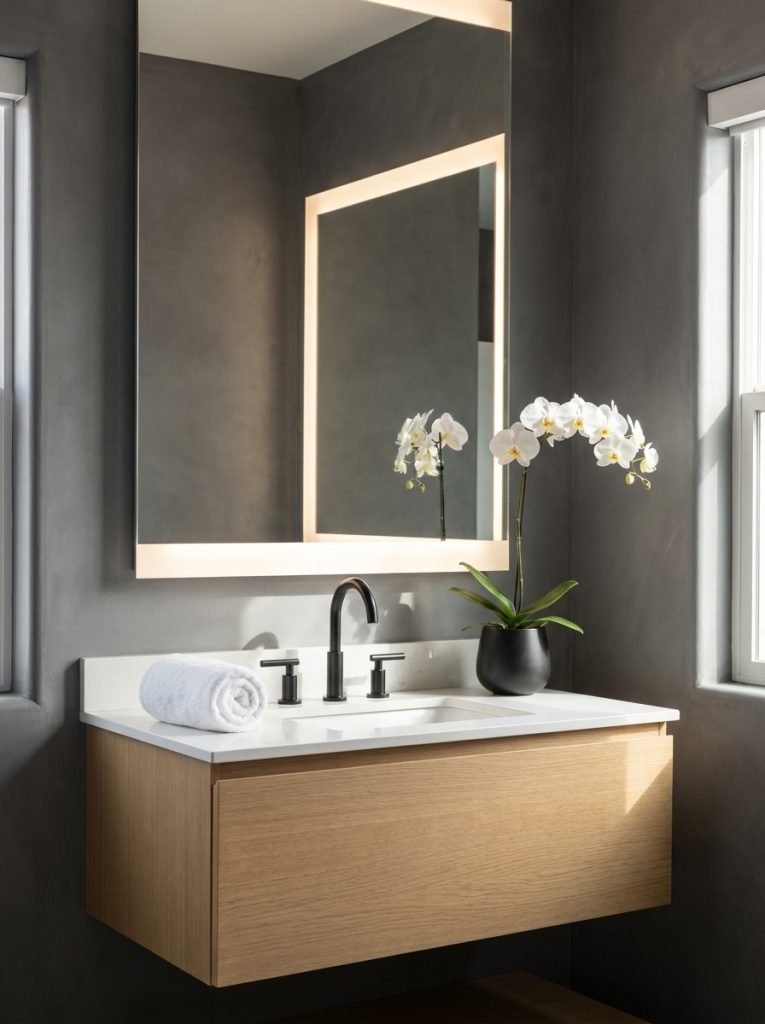 Modern hotel bathroom with charcoal walls backlit mirror floating vanity black fixtures white towel and white orchid