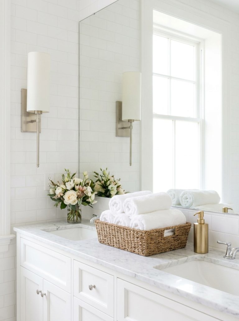 Hotel bathroom aesthetic with white walls frameless mirror rolled luxury towels gold soap dispenser and bright symmetrical lighting