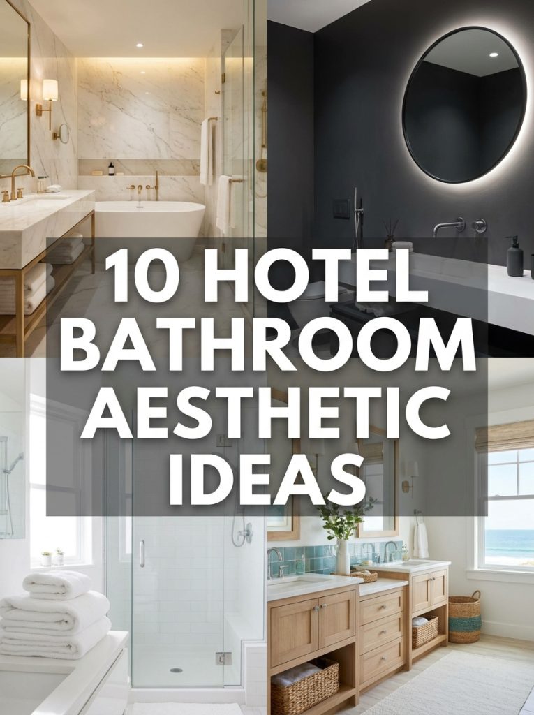  Collage of four hotel bathroom aesthetic ideas with text overlay showing ten hotel bathroom aesthetic ideas