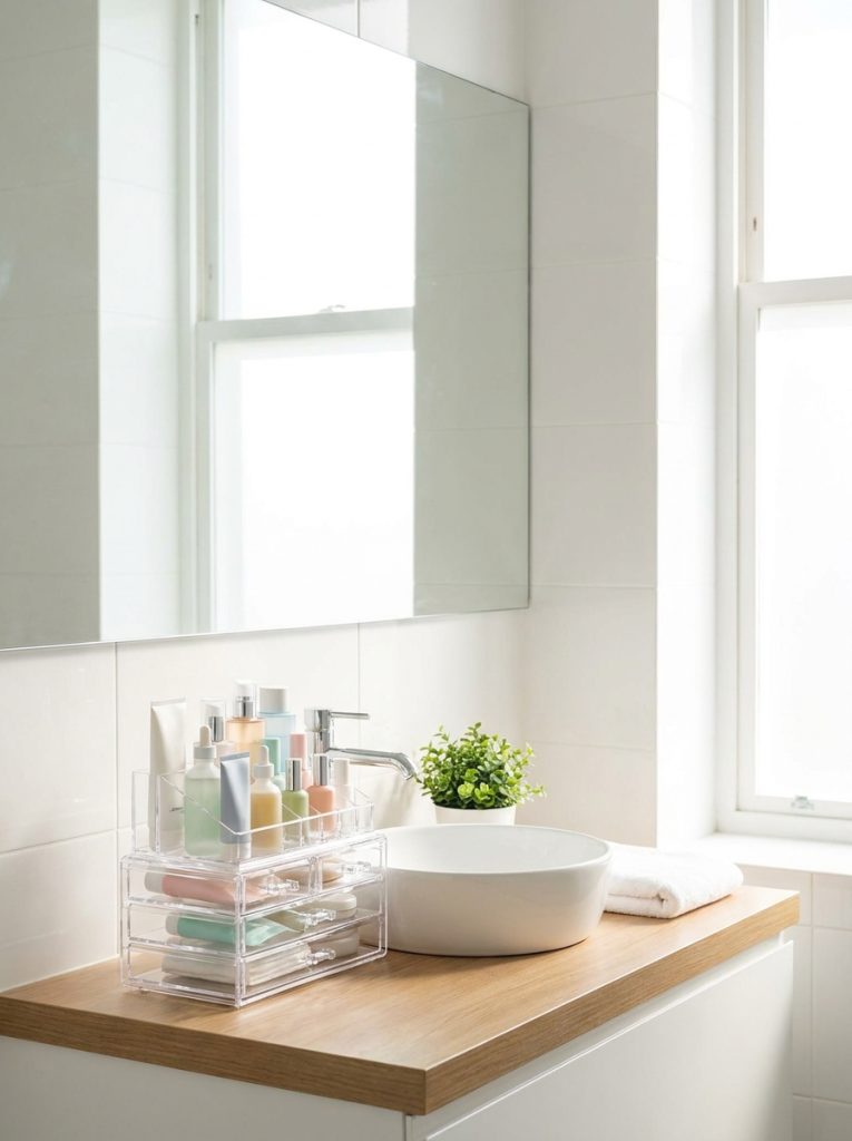 Korean bathroom aesthetic with white walls frameless mirror organized skincare set clear acrylic containers and clean counter