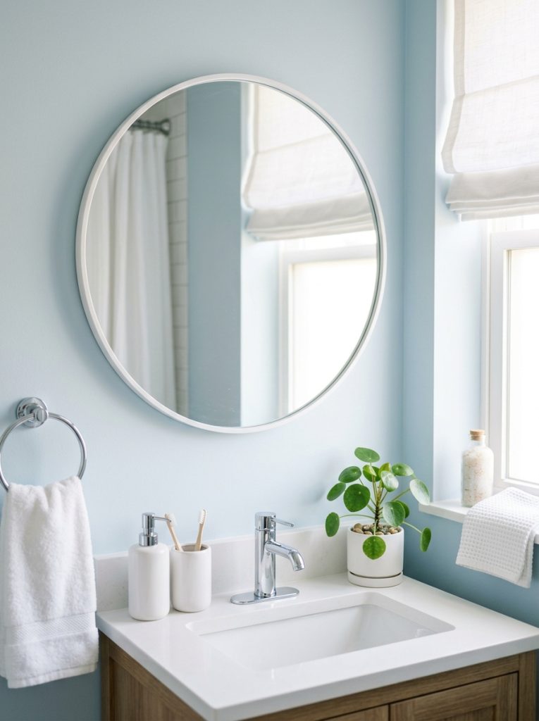 Light blue bathroom aesthetic with pale blue walls round white mirror chrome faucet minimalist white ceramic set and small white plant