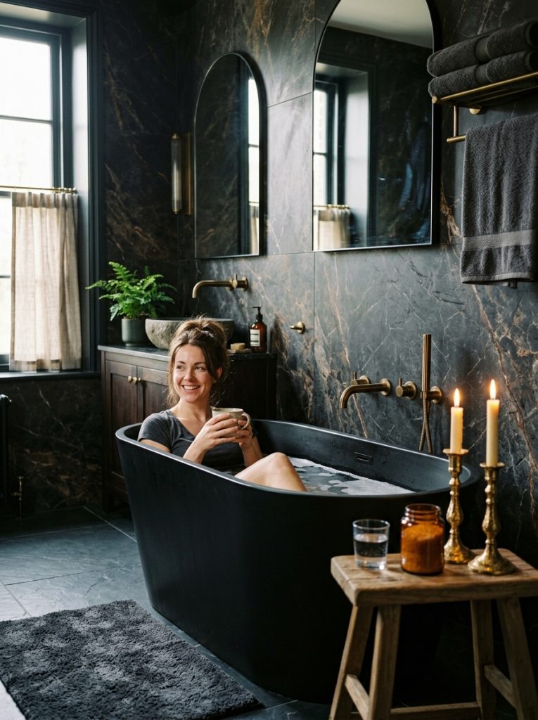  Luxurious dark moody bathroom with marble walls black bathtub gold accents