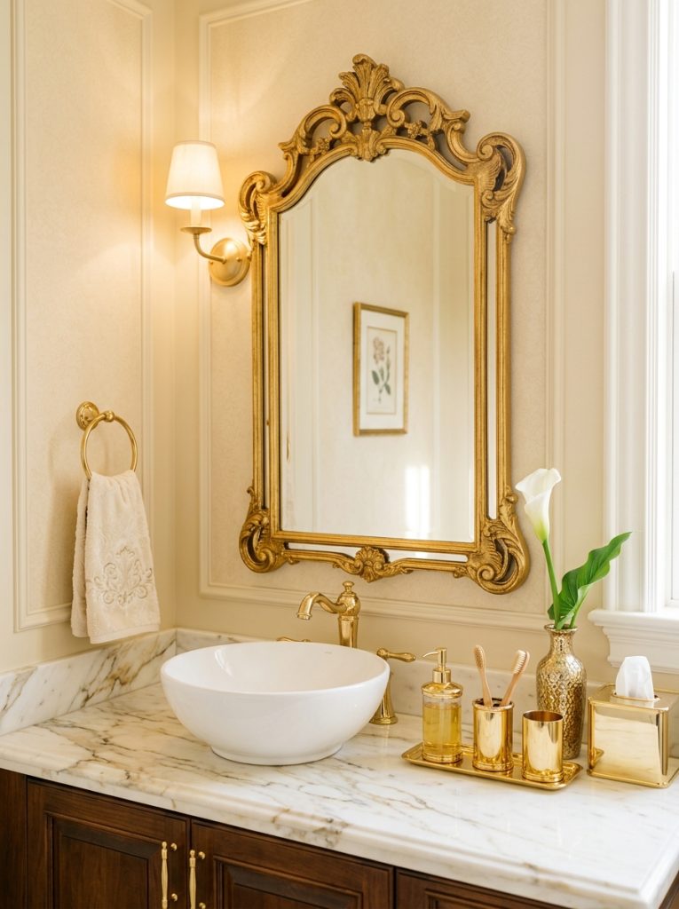 Luxurious half bathroom with cream walls ornate gold mirror vessel sink and gold accessories