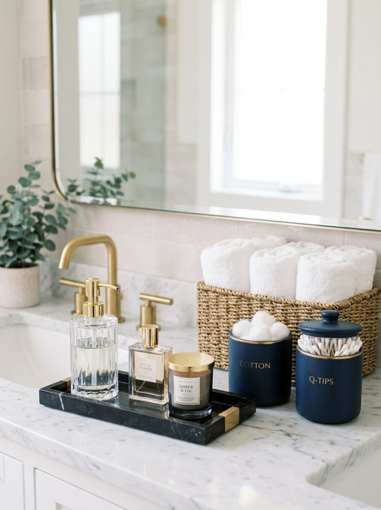 Luxury bathroom organization with black marble vanity tray crystal dispenser perfume candle navy ceramic canisters and rolled white luxury towels
