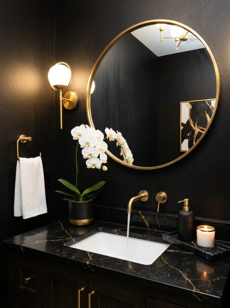 Black luxury half bathroom with matte black walls gold mirror marble tray soap dispenser and orchid