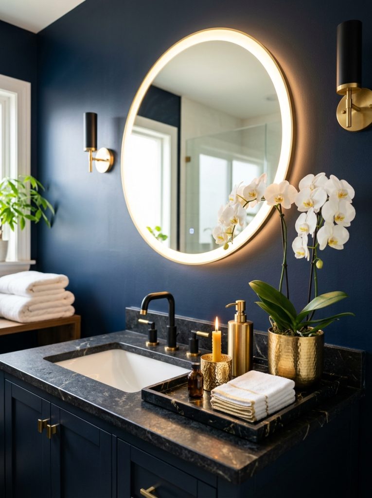 Luxury dark bathroom aesthetic with navy walls illuminated mirror black marble tray gold dispenser candle holder and white orchid