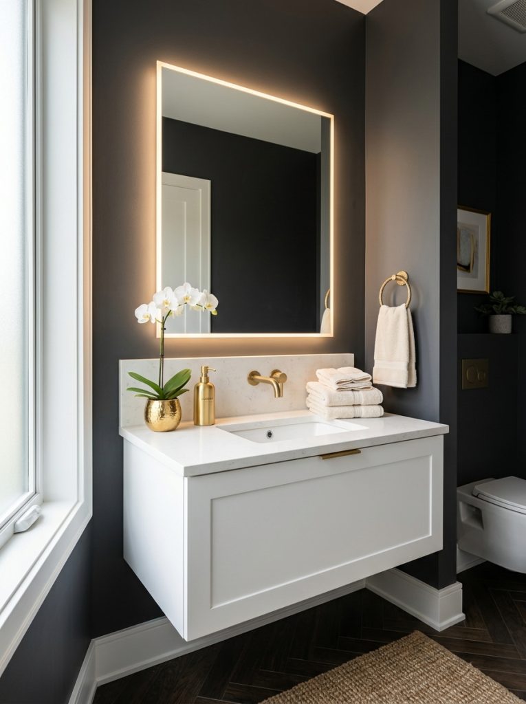 Modern luxury guest half bathroom with dark walls backlit mirror gold soap dispenser orchid and cream towels