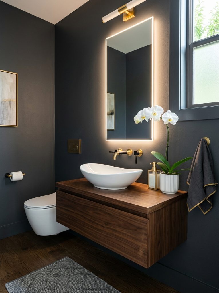 Modern luxury half bathroom with charcoal walls vessel sink backlit mirror and gold fixtures