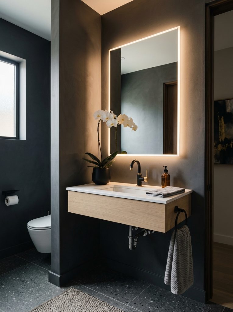  Modern luxury half bathroom with charcoal walls backlit mirror black gold fixtures and orchid