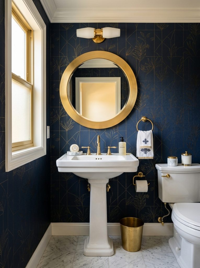 Luxury half bathroom with navy wallpaper gold faucet pedestal sink and round mirror