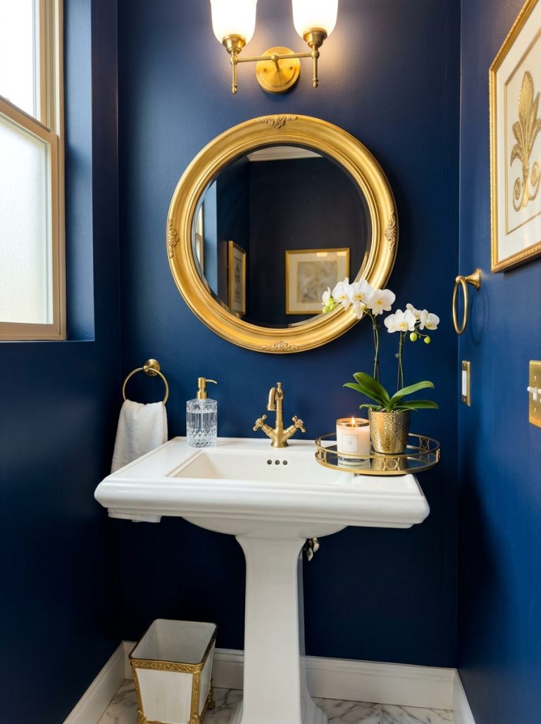 Luxury half bathroom with navy walls gold mirror crystal soap dispenser and white orchid