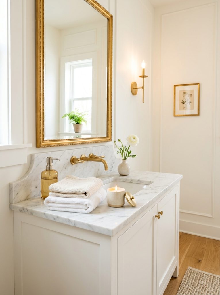 Guest luxury half bathroom with white walls gold mirror luxury hand towels candle and white flower