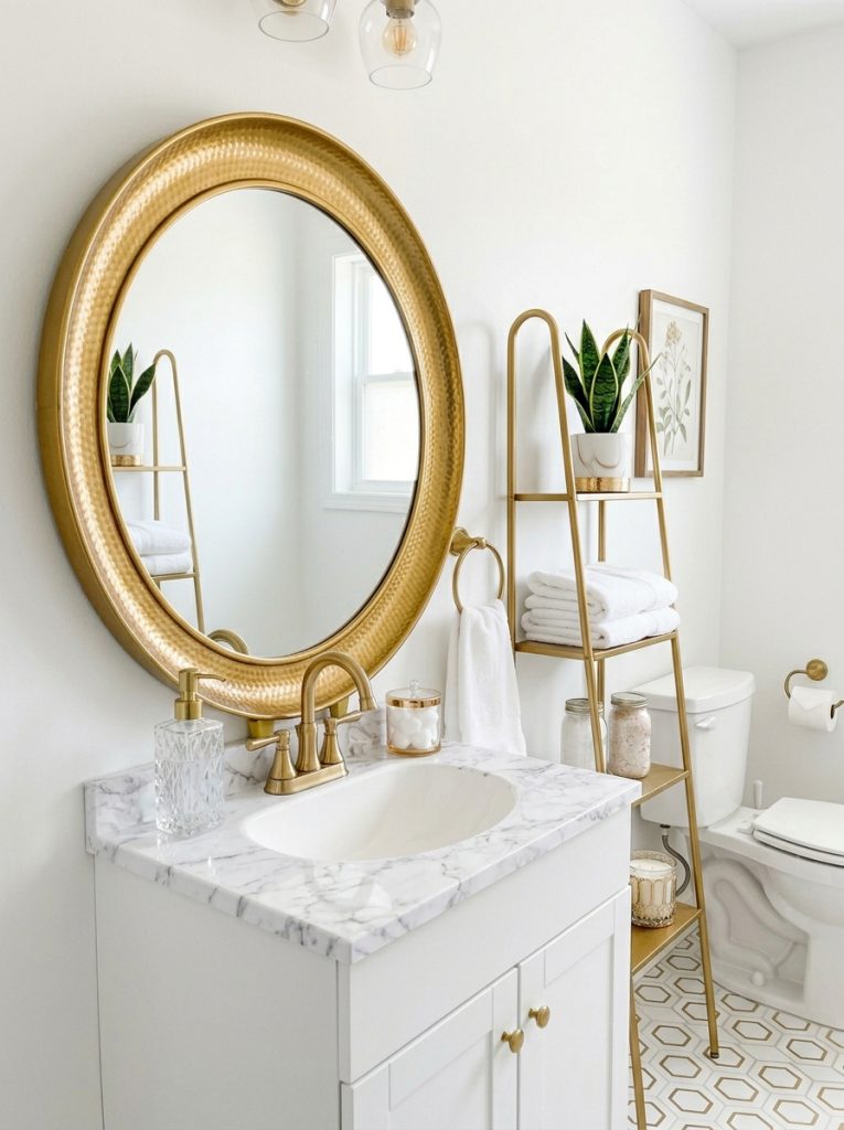 Apartment luxury half bathroom with white walls gold mirror marble contact paper crystal dispenser and gold shelf