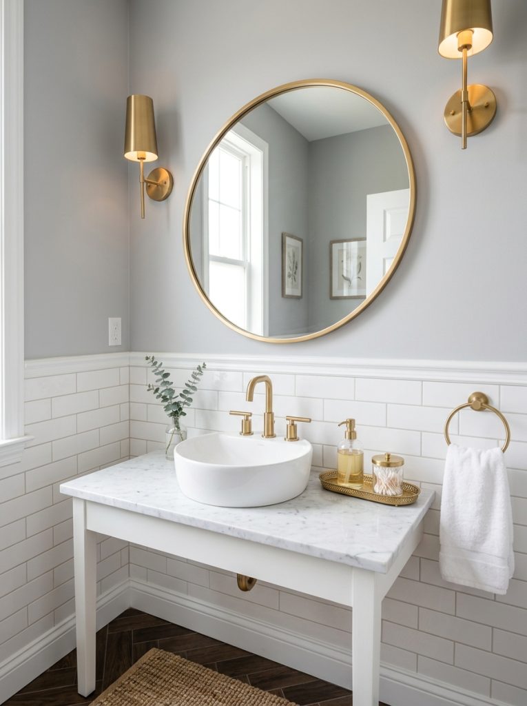 Gray white luxury half bathroom with dove gray walls gold mirror white tile and gold accessories