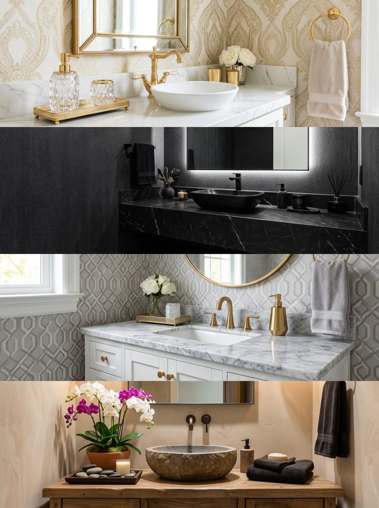 Collage of four luxury half bathroom decor ideas in glam elegant and dramatic styles