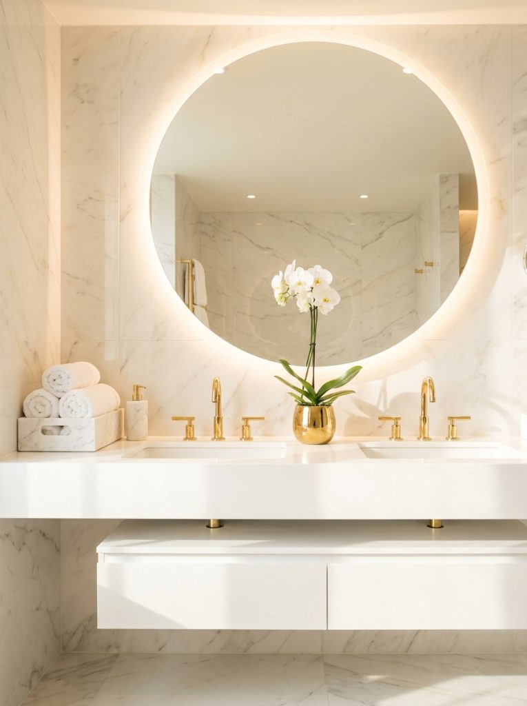  Luxury hotel bathroom with marble walls backlit mirror gold fixtures rolled white towels gold dispenser and white orchid