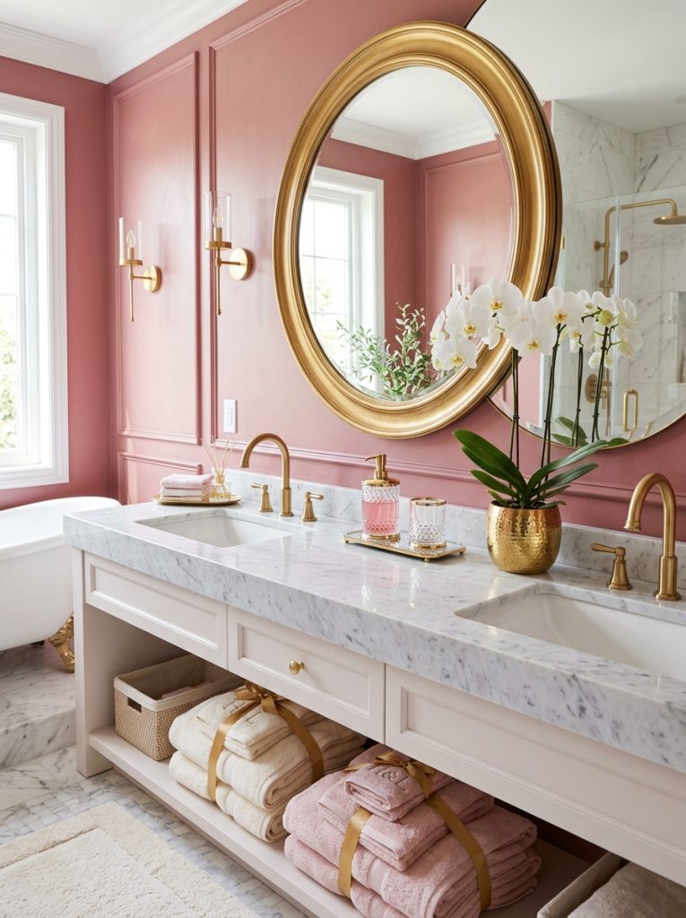 Luxury pink bathroom aesthetic with blush walls gold mirror gold faucets crystal soap dispenser orchid and luxury cream towels