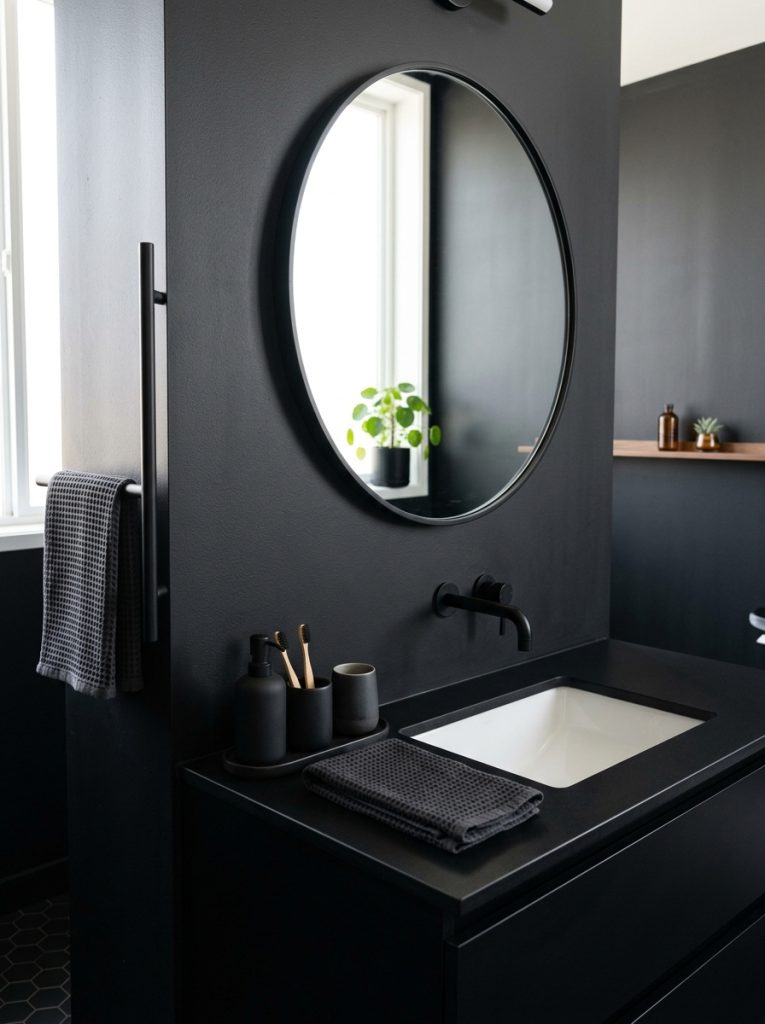 Matte black bathroom aesthetic with flat matte black walls faucet towel bar accessories set round mirror and white sink contrast