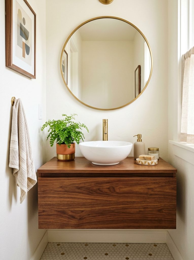 Modern mid century half bathroom with walnut vanity brass mirror geometric accessories and fern