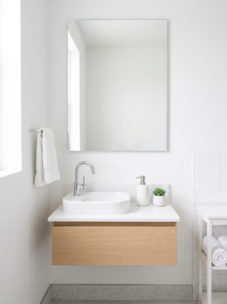 Minimal small bathroom aesthetic with white walls frameless mirror white ceramic set tiny succulent and clean counter