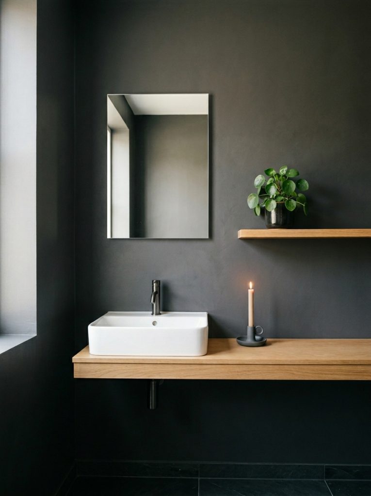 Simple dark bathroom aesthetic with charcoal walls frameless mirror white sink single dark candle wooden shelf and small plant