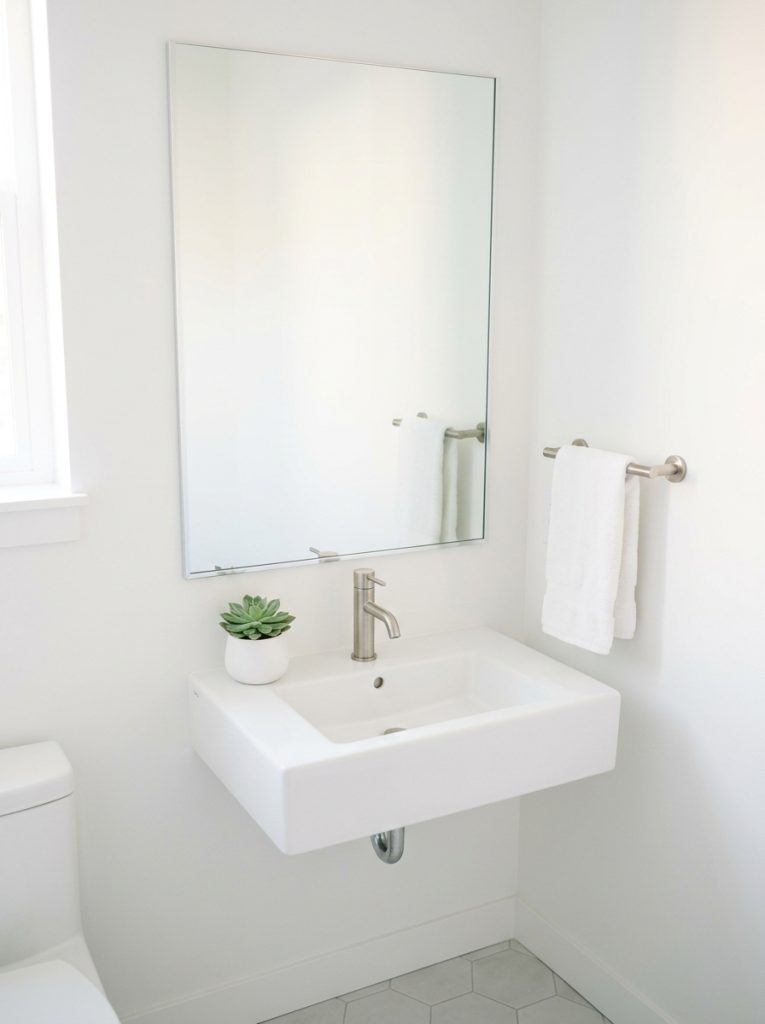 Modern simple half bathroom with white walls frameless mirror succulent and white hand towel