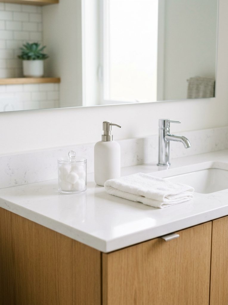 Minimalist bathroom organization with single ceramic dispenser small clear cotton jar folded hand towel and completely clear surfaces