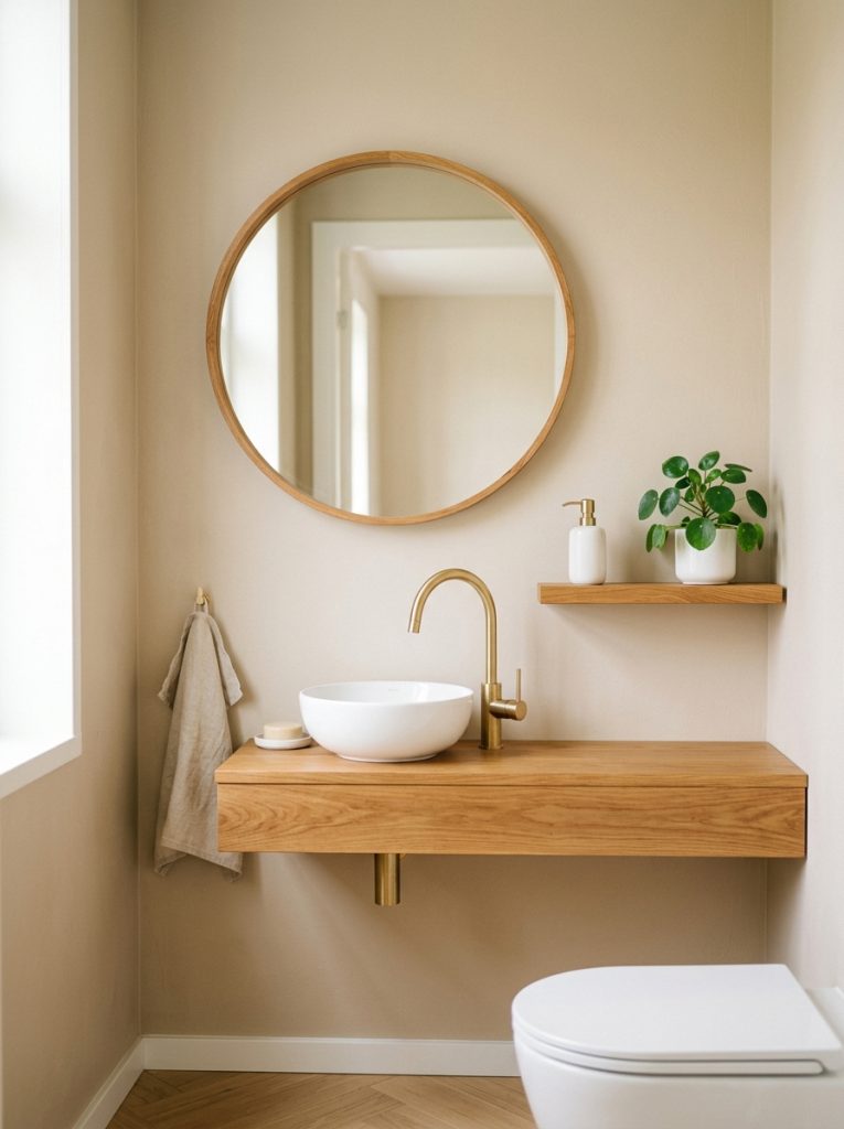 Minimalist warm half bathroom with beige walls wood frame mirror gold faucet wooden shelf plant and ceramic dispenser