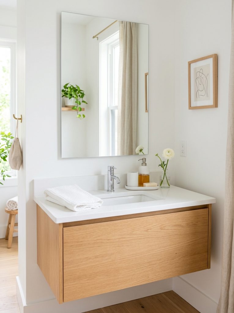  Minimalist guest half bathroom with white walls frameless mirror white ceramic set folded towel and flower
